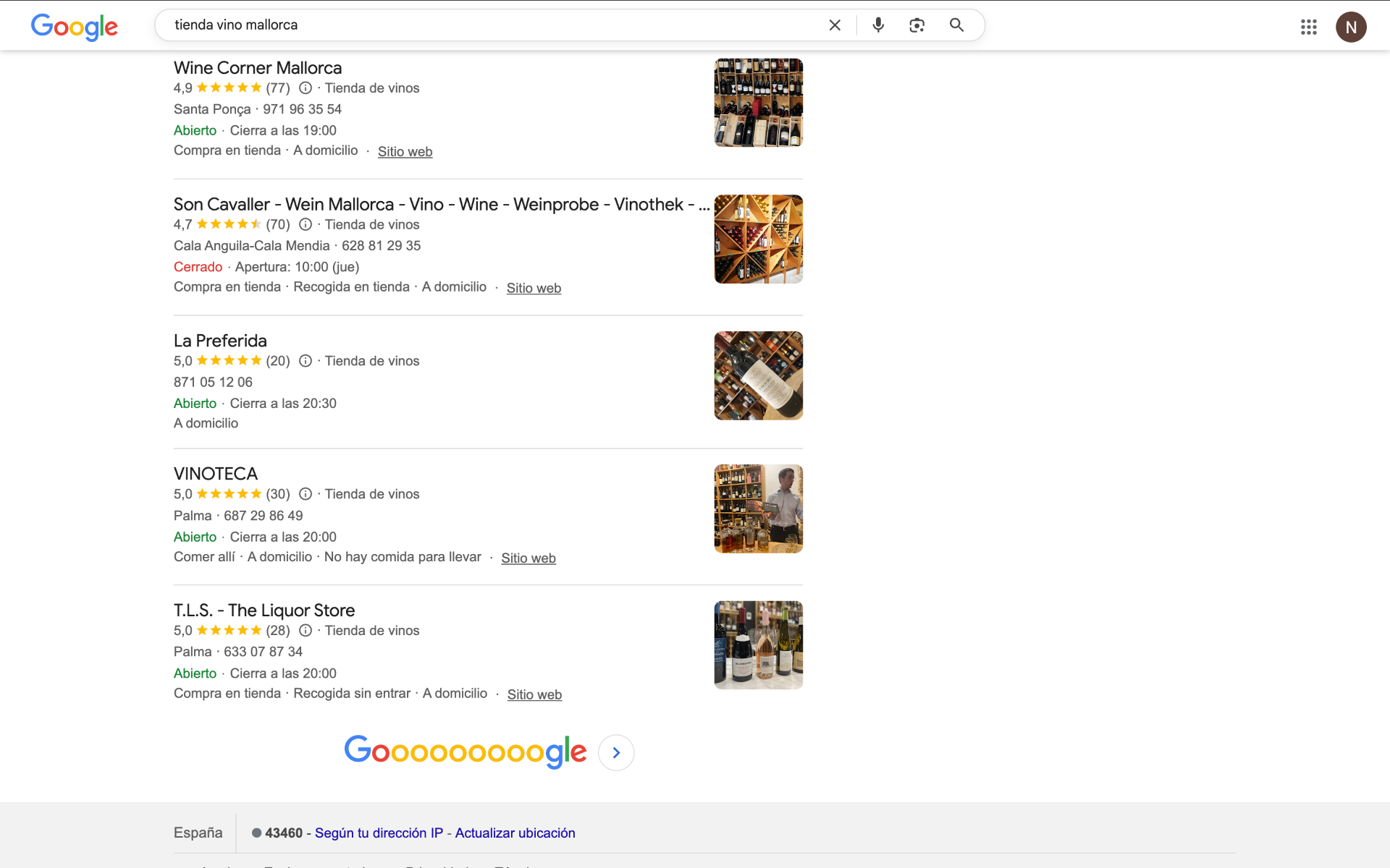 Dalawine — Página 1 en Google Maps para "tienda vino Mallorca"