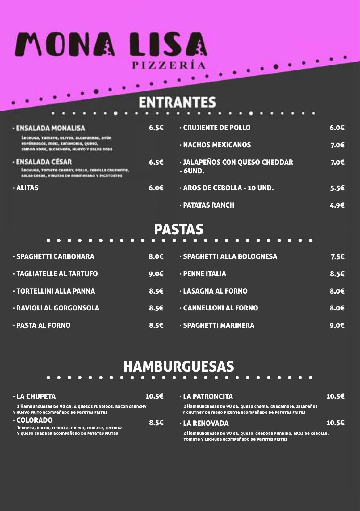 Monalisa — Carta del restaurante